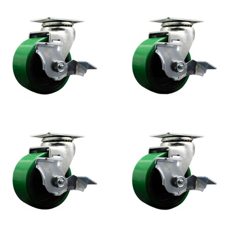 Service Caster 4 Inch Green Poly on Cast Iron Swivel Caster Set with Ball Bearings and Brakes SCC-20S420-PUB-GB-TLB-4